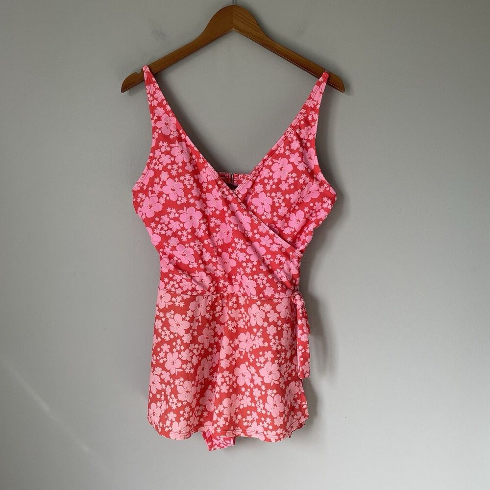 One Piece Swimsuit Dress Skirt Floral Tropical Print Pink Women's Size Large